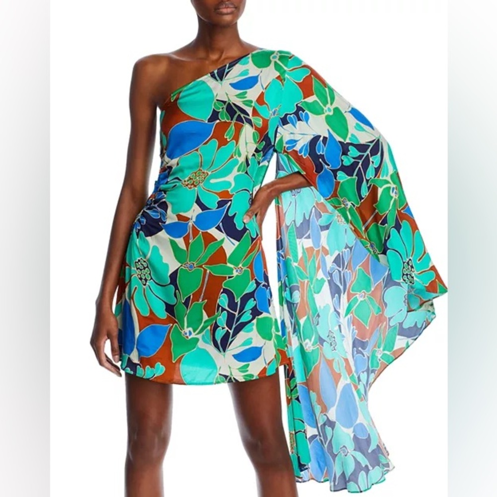 cult gaia One-Shoulder Floral Mini Dress in Green, Blue, Brown - Picture 4 of 5